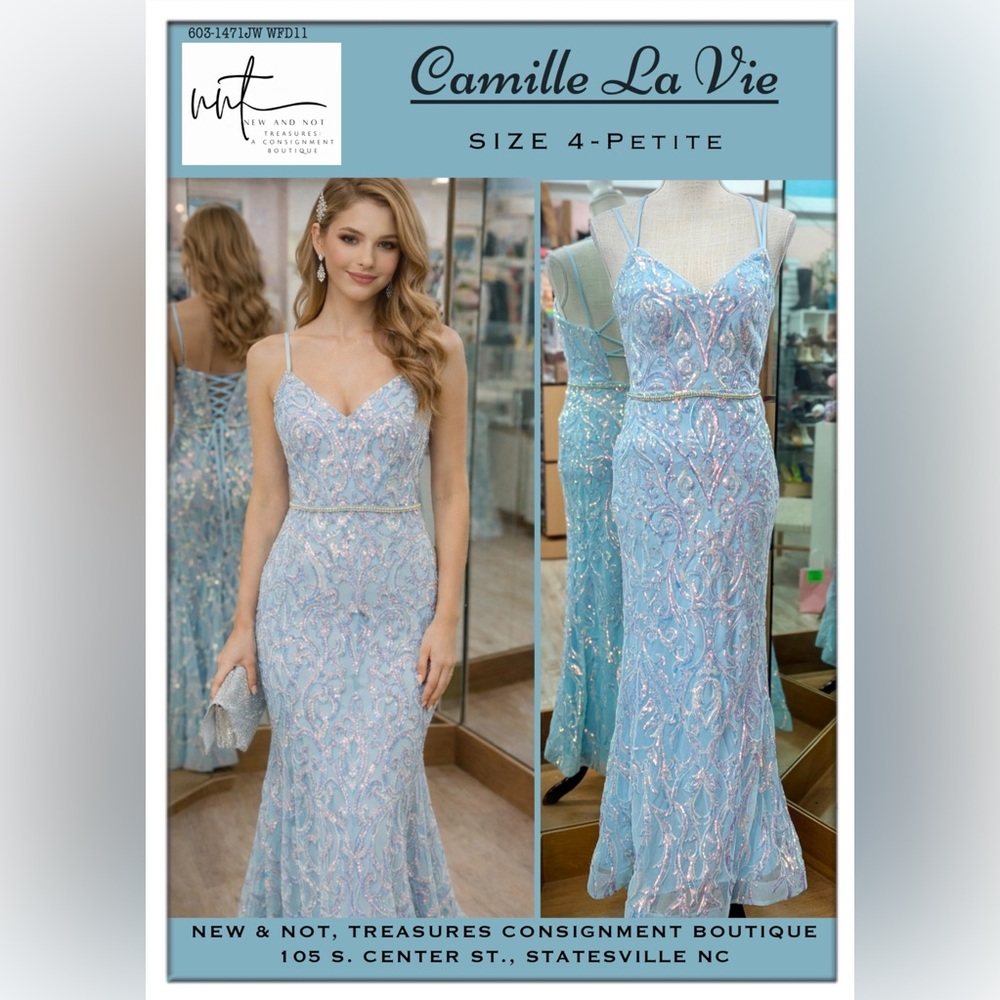 Camilla La Vie Light Blue Sequin Corset Back Mermaid Prom Dress Petite 4P Gown